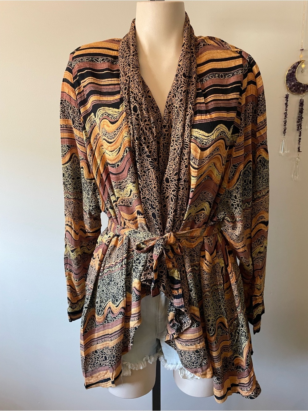 90s Vintage Casual Studio Mixed Print Rayon Cardigan Jacket Safari Whimisgoth